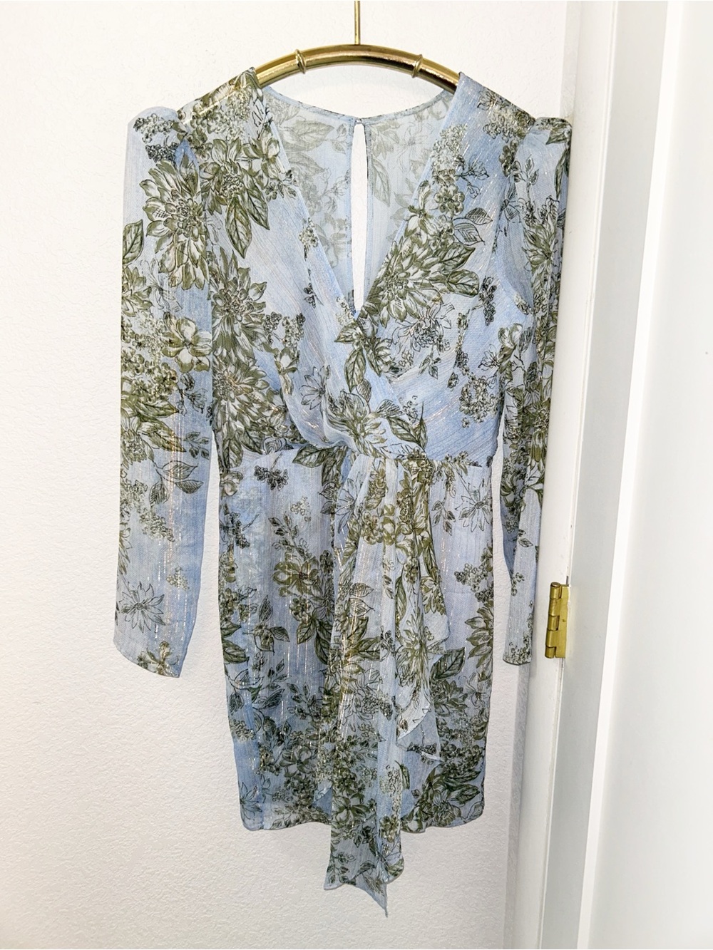 NwT BCBG MaxAxria The Drape Front Faux Wrap LongSleeve Dress Blue & Green SZ: 8